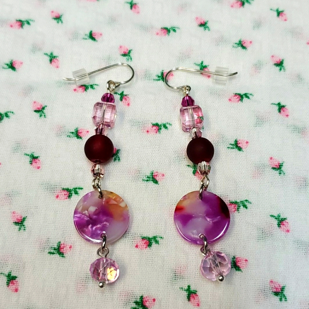 Sterling Silver Pierced Pink Dangle Earrings.